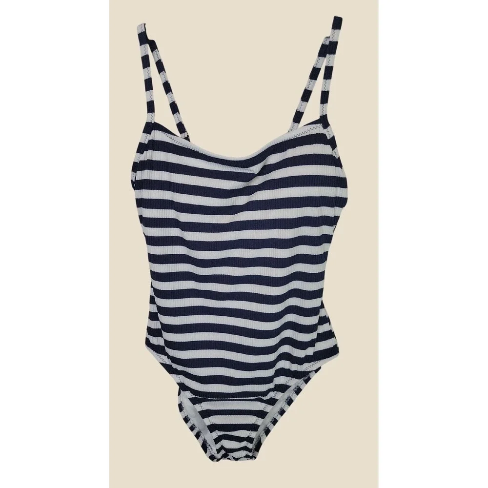 Kona Sol One Piece Swimsuit Nautical Striped Coastal Preppy Navy White Medum